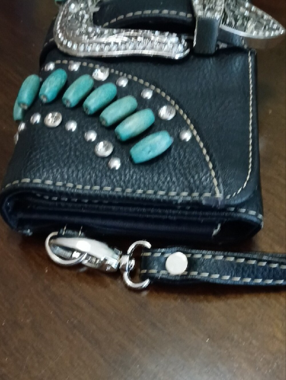 Montana West Euc Black Wallet Wristlet with Turquoise Accent and Silver Buckle - Picture 9 of 13